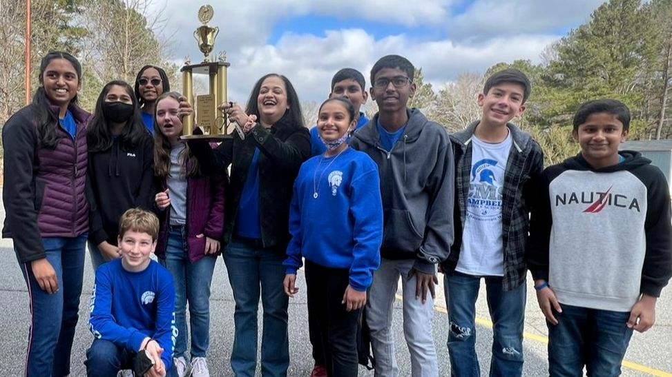 Campbell Middle School students celebrate their win at the Helen Ruffin Reading Bowl Competition